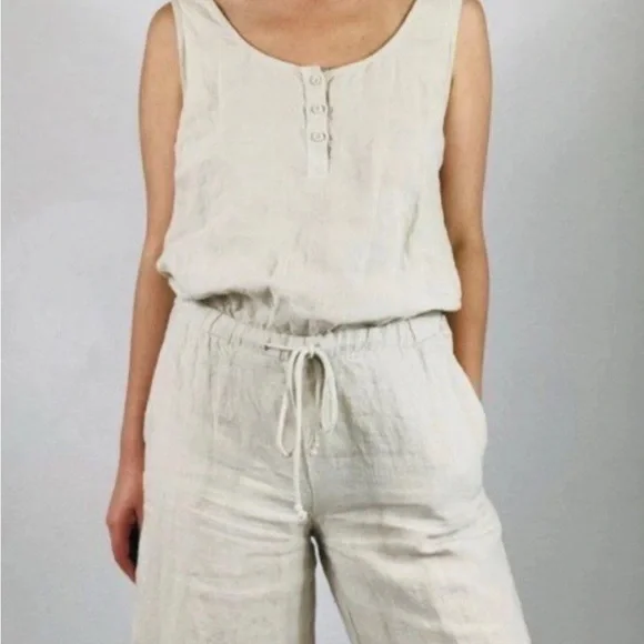 Cloth & Stone Sz M Jumpsuit Linen Drawstring Wide Leg Crop Natural Tan Lagenlook - Picture 5 of 16